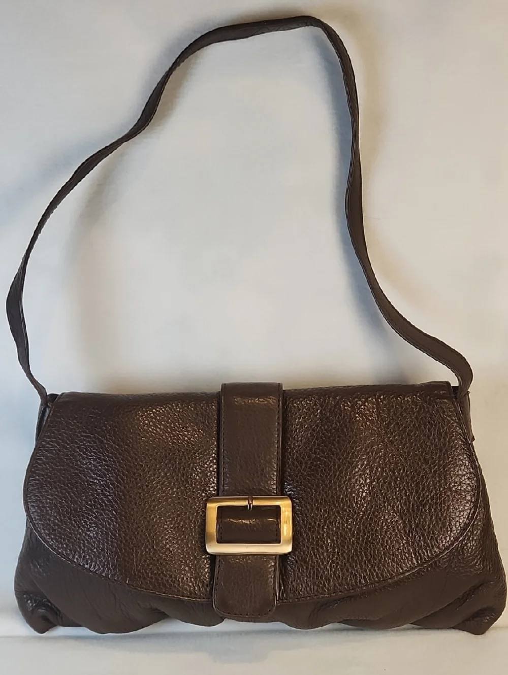 Classic Brown Pebble Genuine Leather Shoulder Bag with Gold Buckle - Picture 1 of 16